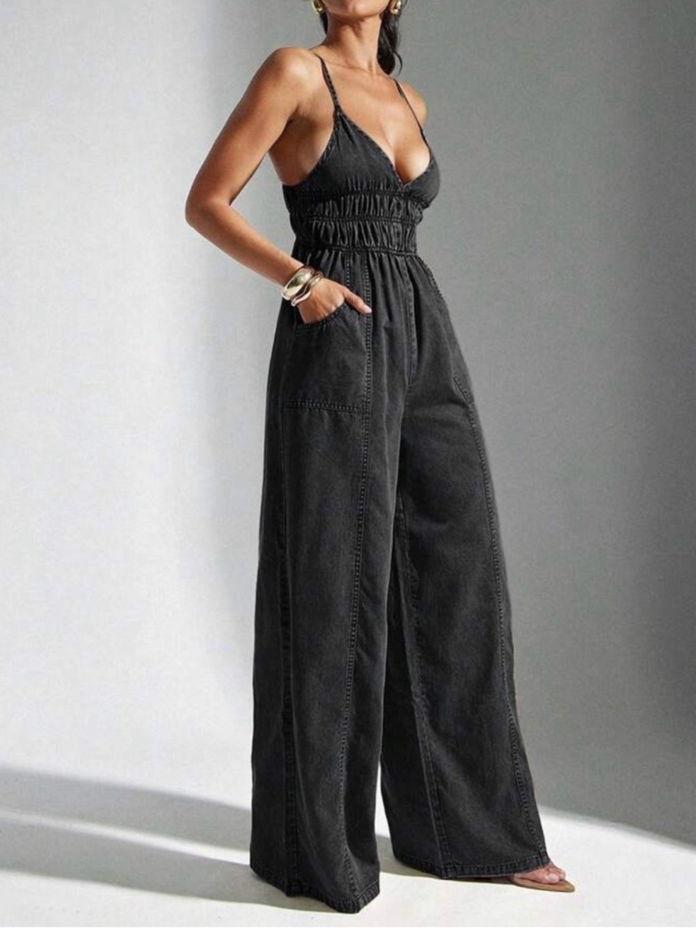 Black Wide-Leg Denim Jumpsuit with Smocked Waist